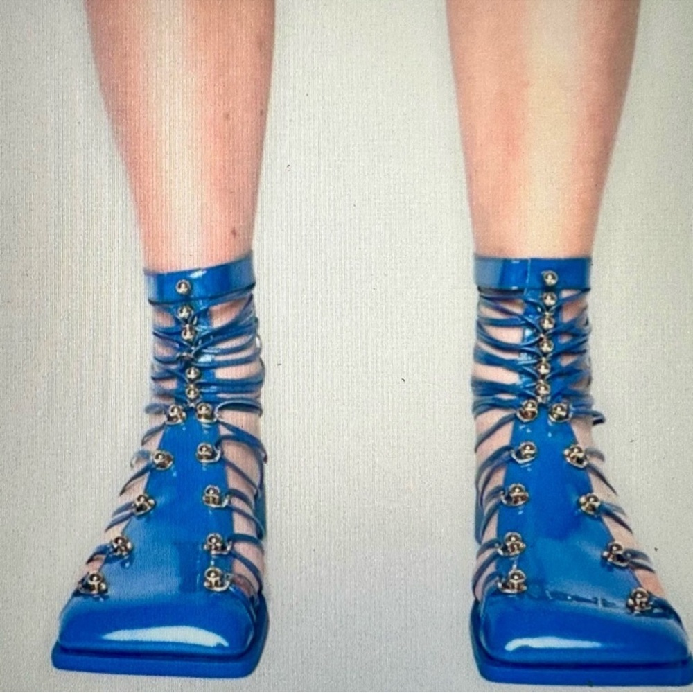 Blue Sandals with Glossy Finish and Rounded Toe
